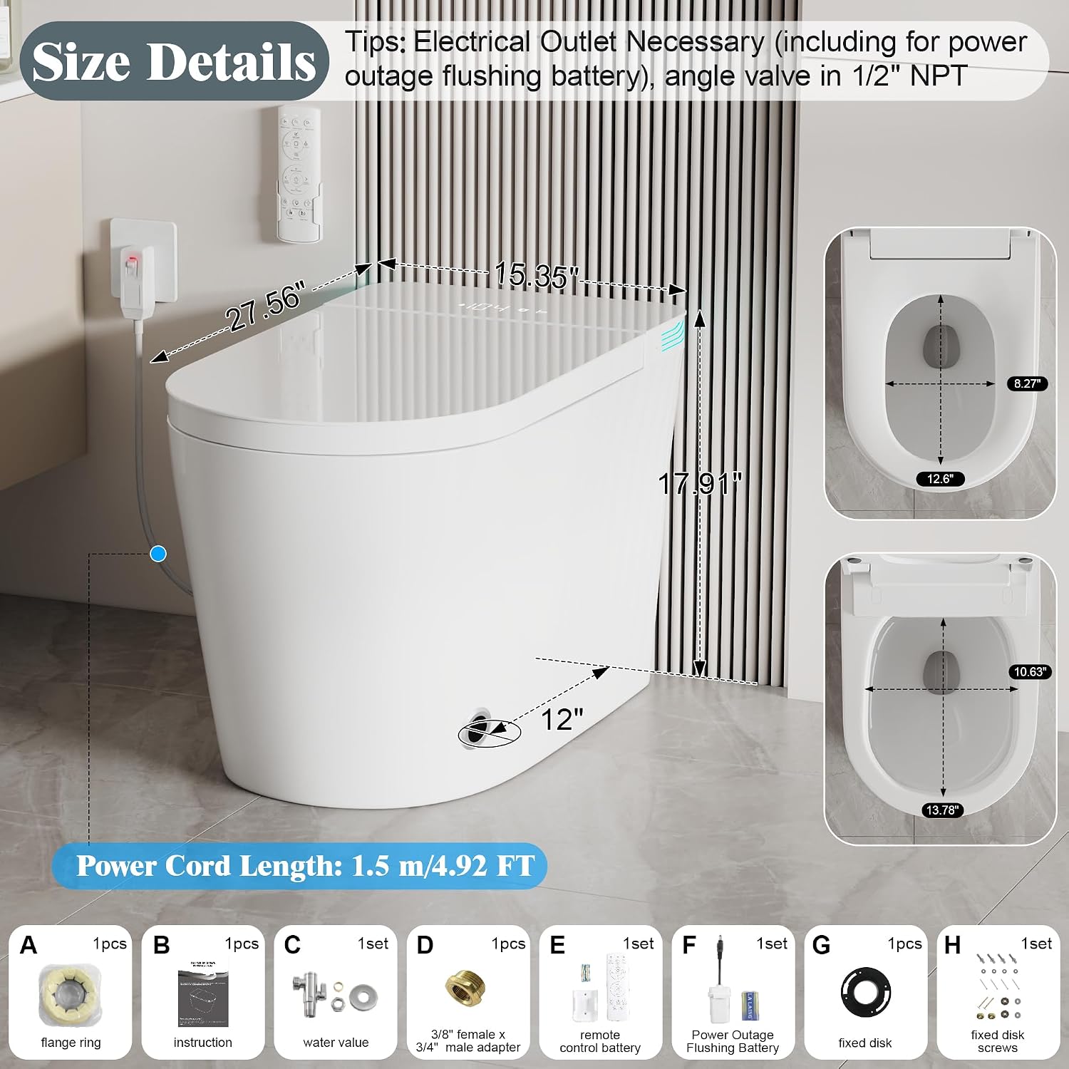 Smart Toilet with Bidet Built In, Elongated Heated Seat, Auto Flush, Manual Soft-Close Seat&Lid, Warm Water Wash&Air Dry, Electric One Piece Toilet for Bathroom with Siphon Dual Flush 0.8/1.2 GPF