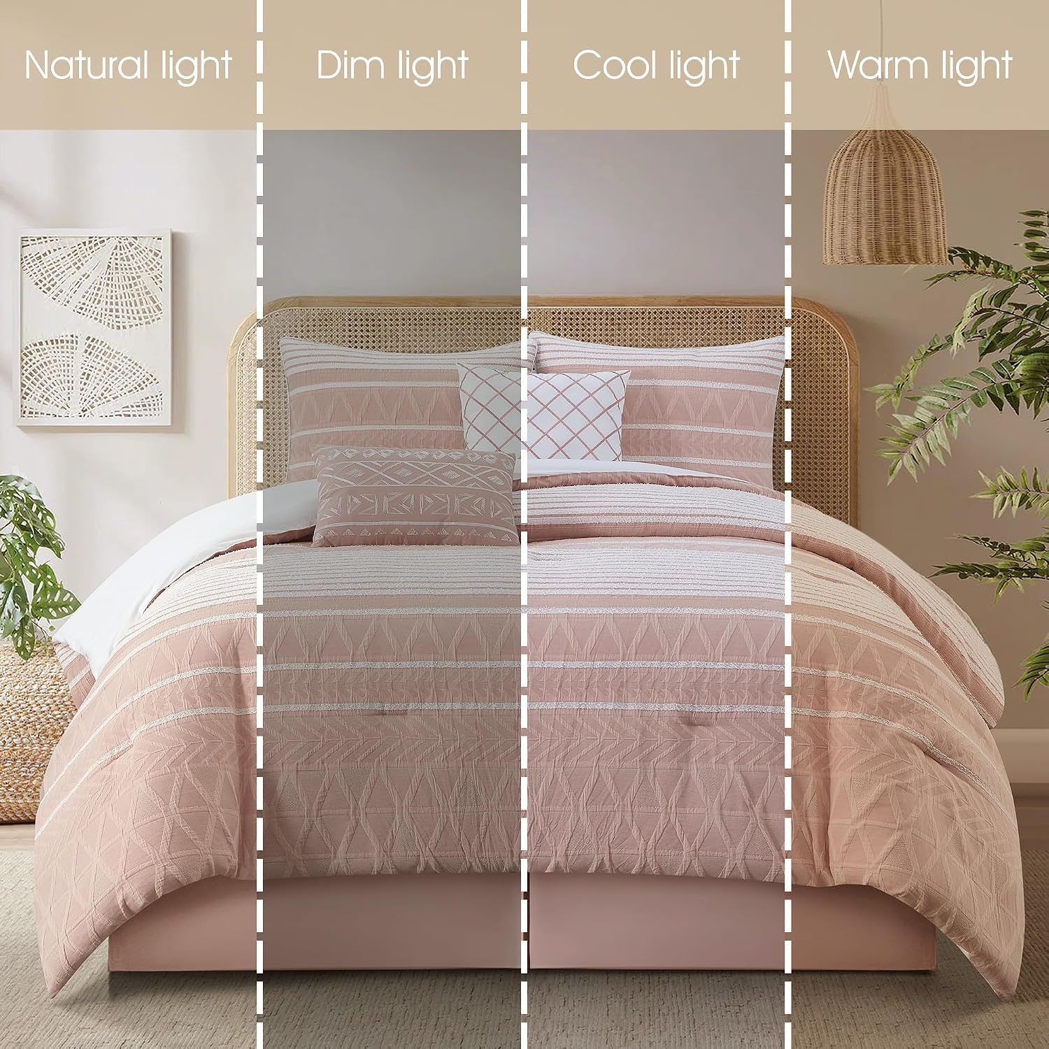 Stratford Park Cotton King Size Comforter Set, Blush Geometric Jacquard Bedding Set, Cozy 6 Piece Bedding Set, Bedskirt, Pillows & Shams, Home Decor