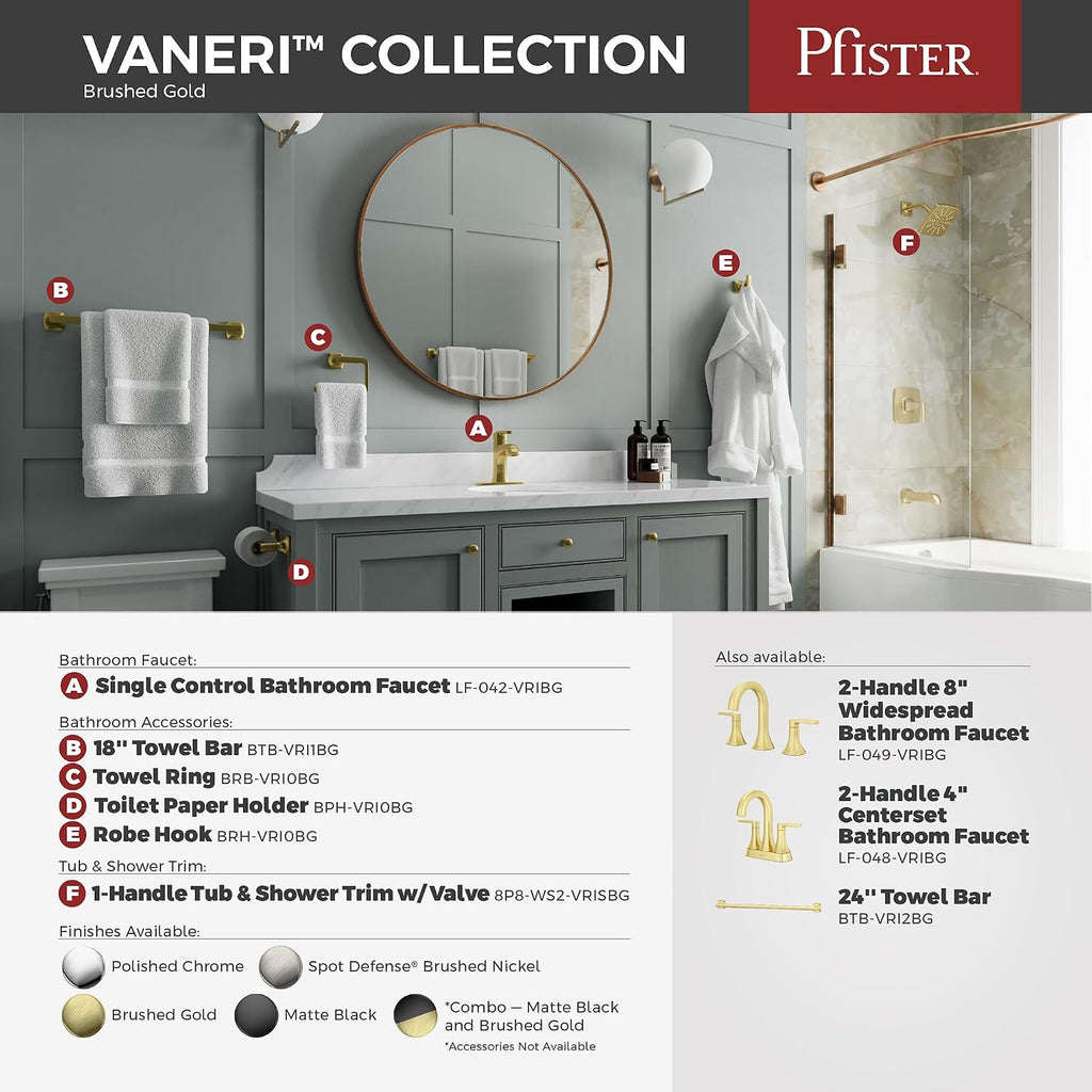 Pfister Vaneri Bathroom Sink Faucet 8 in Widespread 2-Handle 3-Hole NSF Certified Water-Efficient Matte Black and Brushed Gold Finish Push & Seal Drain LF049VRIBBG