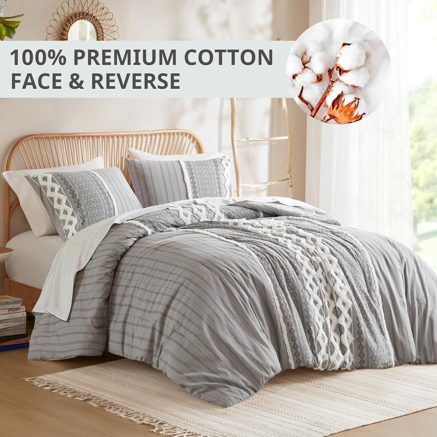 INK+IVY King Comforter Set, Boho Comforters, Breathable Cotton Bed Set, All Season Modern Chenille Tufted Comforter with Farmhouse Bedding Flare, Gifts for Woman, Gray 3 Piece