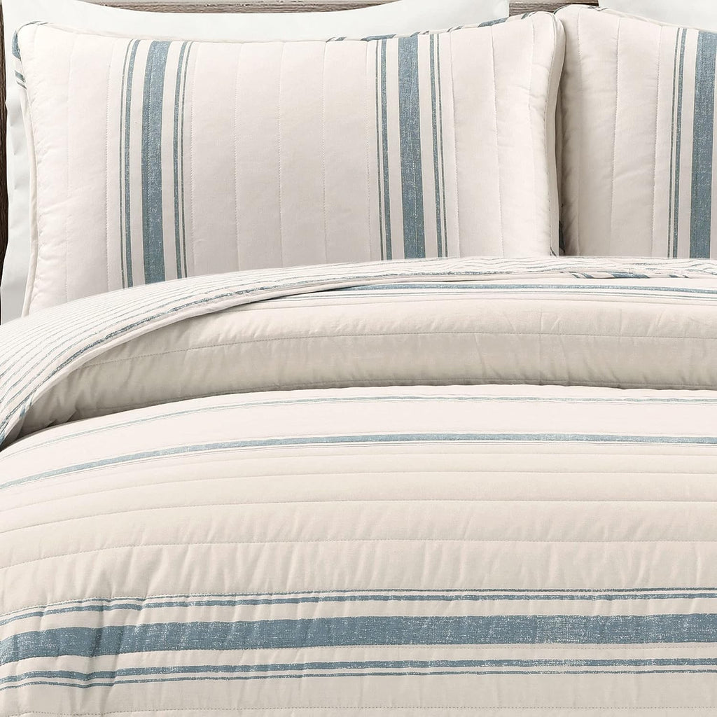 Lush Decor Farmhouse Stripe Reversible Cotton Quilt King Size 3 Piece Set Blue - Farmhouse Bedding Set King Quilt - Striped Bedding