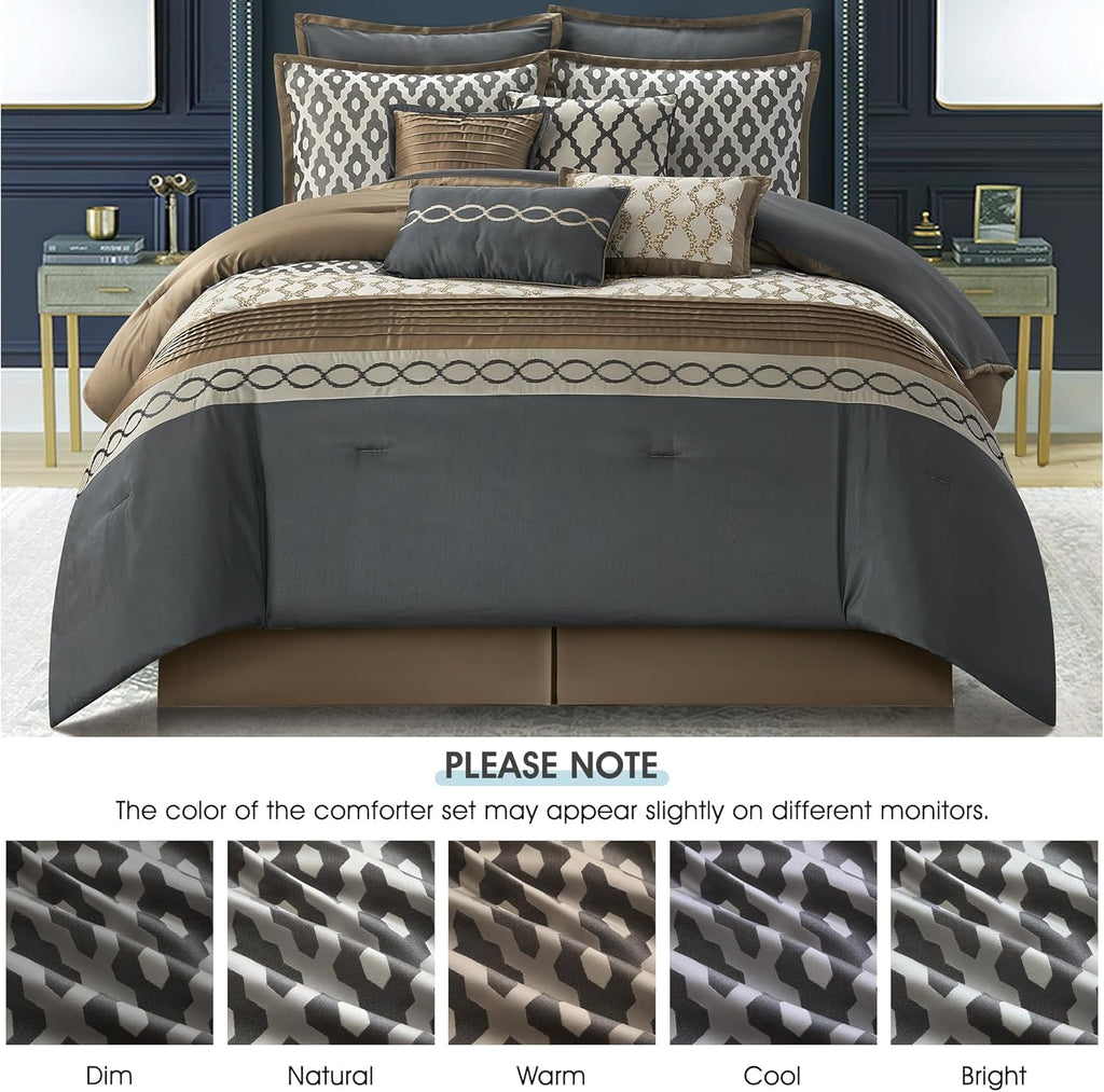 LANCO MODERN LIFESTYLE California King Comforter Set, Grey Brown, 10 Piece Bed in a Bag for All Seasons, Luxury Extreme Comfort Bedding Sets with Bedskirt, Pillow Shams, Euro Shams and Decor Pillows