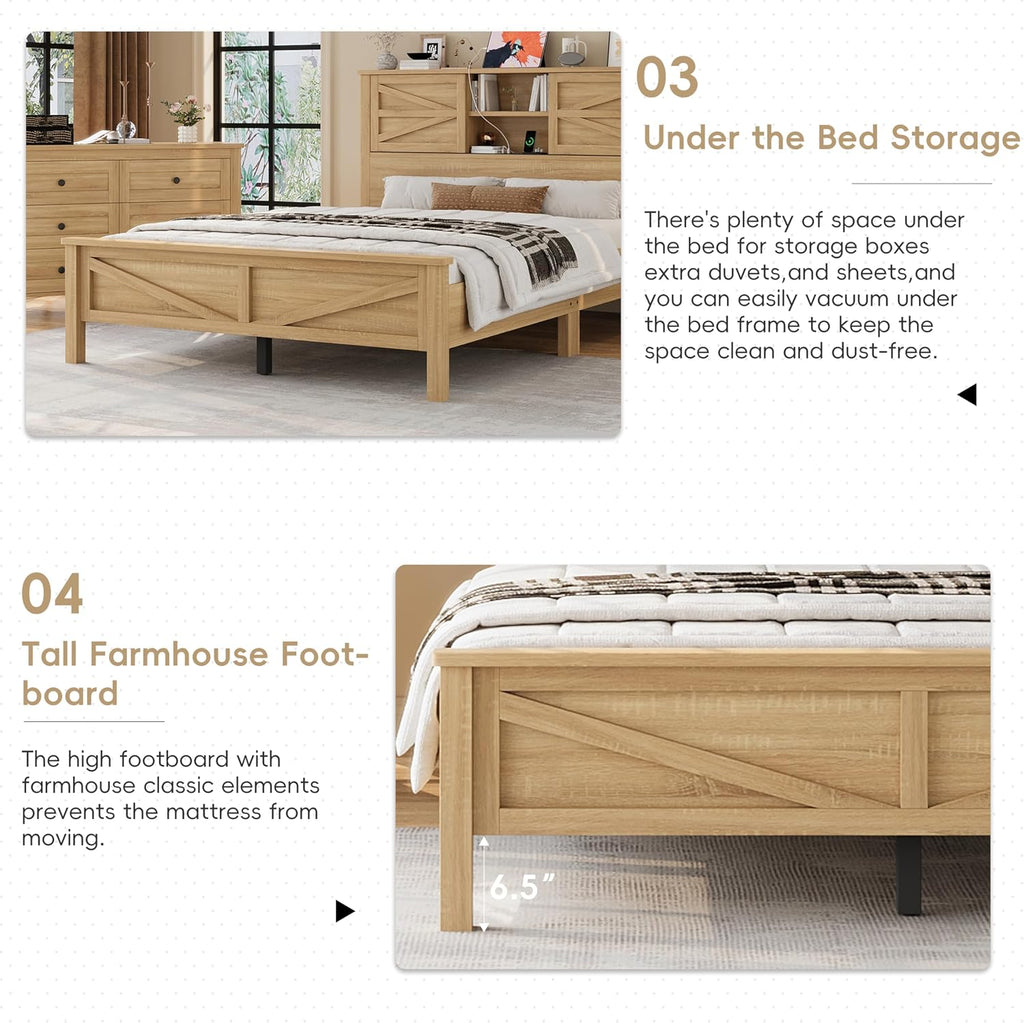 LUMISOL 3 Pieces Bedroom Sets,Farmhouse Platform Bed with Storage Nightstand and Dresser, Full Size Bed Frame with Storage Headboard and Charging Station, Natural