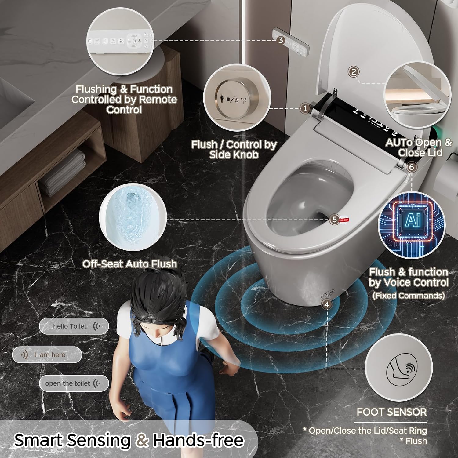 Smart Toilet with Bidet Built In ADA Height 17.7', One Piece Tankless Bidet Toilet with Auto Open Close, Foam Shield, Voice Control Modern Elongated Toilet with Heated Seat, Warm Water & Dryer