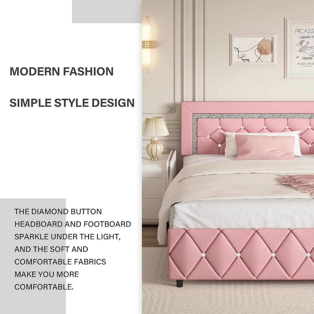 BarnFurin King Size Bed Frame, Faux Leather Upholstered Bed with Diamond Tufted Headboard, Modern King Size Bed with Wooden Slats Support, No Box Spring Required, Easy Assembly, Pink