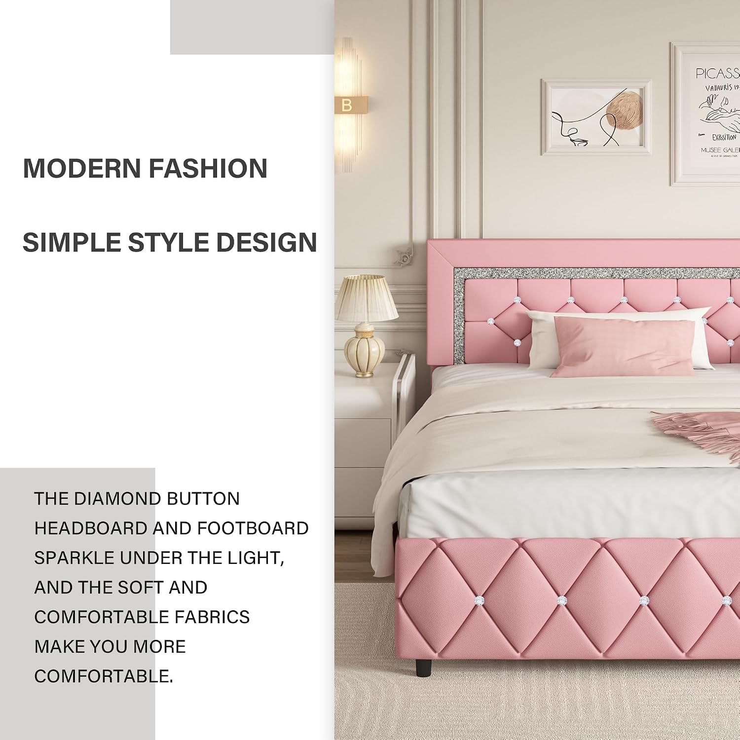 BarnFurin King Size Bed Frame, Faux Leather Upholstered Bed with Diamond Tufted Headboard, Modern King Size Bed with Wooden Slats Support, No Box Spring Required, Easy Assembly, Pink