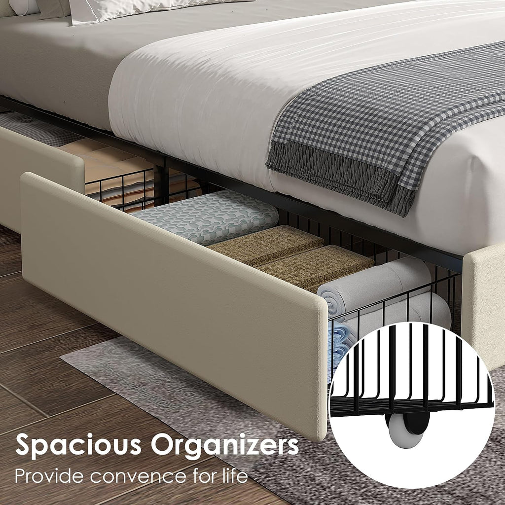VECELO Queen Size Upholstered Bed Frame with 4 Storage Drawers, Adjustable Velvet Rivet Decor Headboard, Wooden Slats Platform Support, No Box Spring Needed, Easy Assembly,Beige