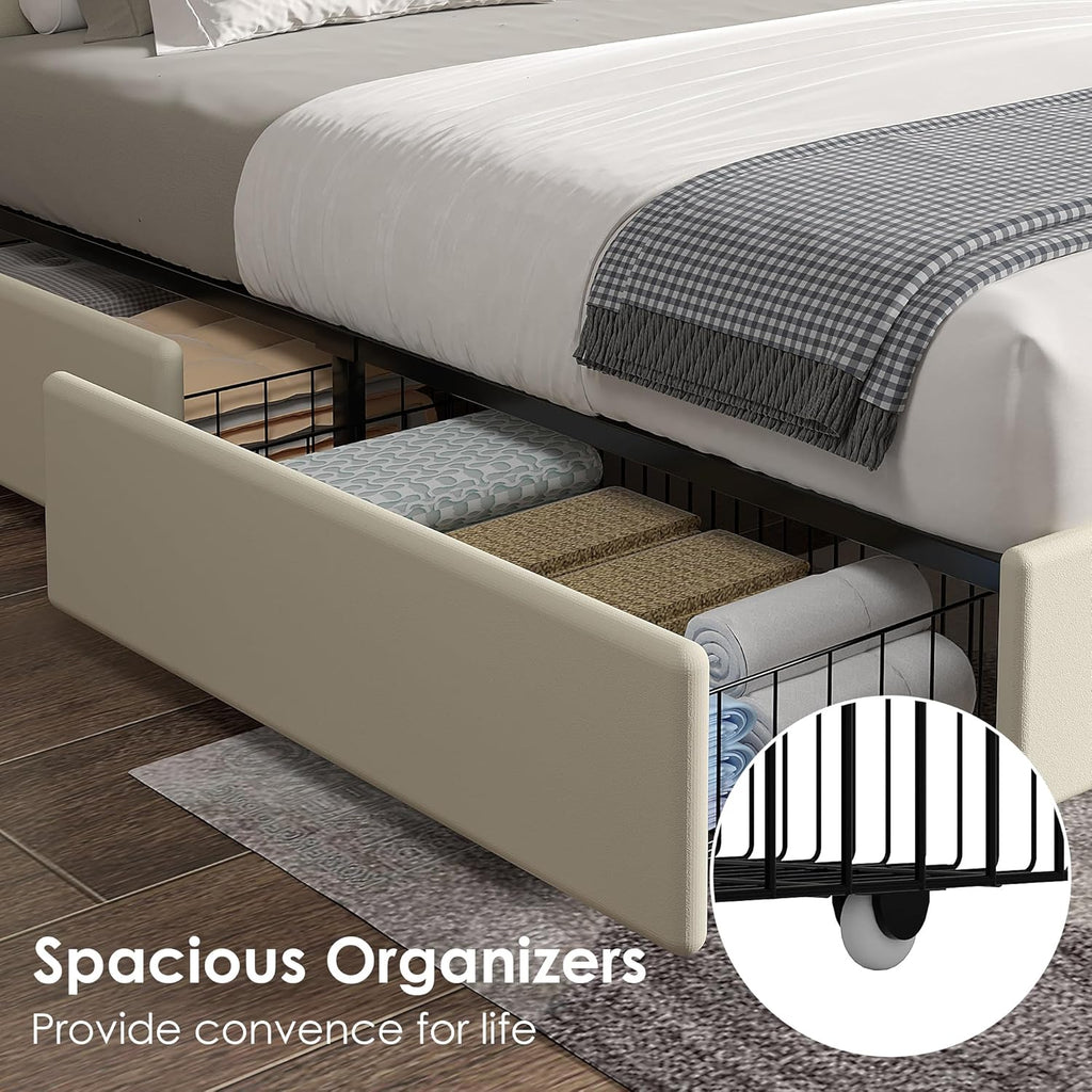 VECELO King Size Upholstered Bed Frame with 4 Storage Drawers, Adjustable Velvet Rivet Decor Headboard, Wooden Slats Platform Support, No Box Spring Needed, Easy Assembly,Beige