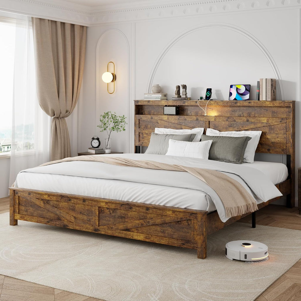 King Size Bed Frame with Headboard, Rustic Farmhouse Wood Bed Frame with LED Lights and Charging Station, Easy Assembly, No Box Spring Needed (Brown, King)