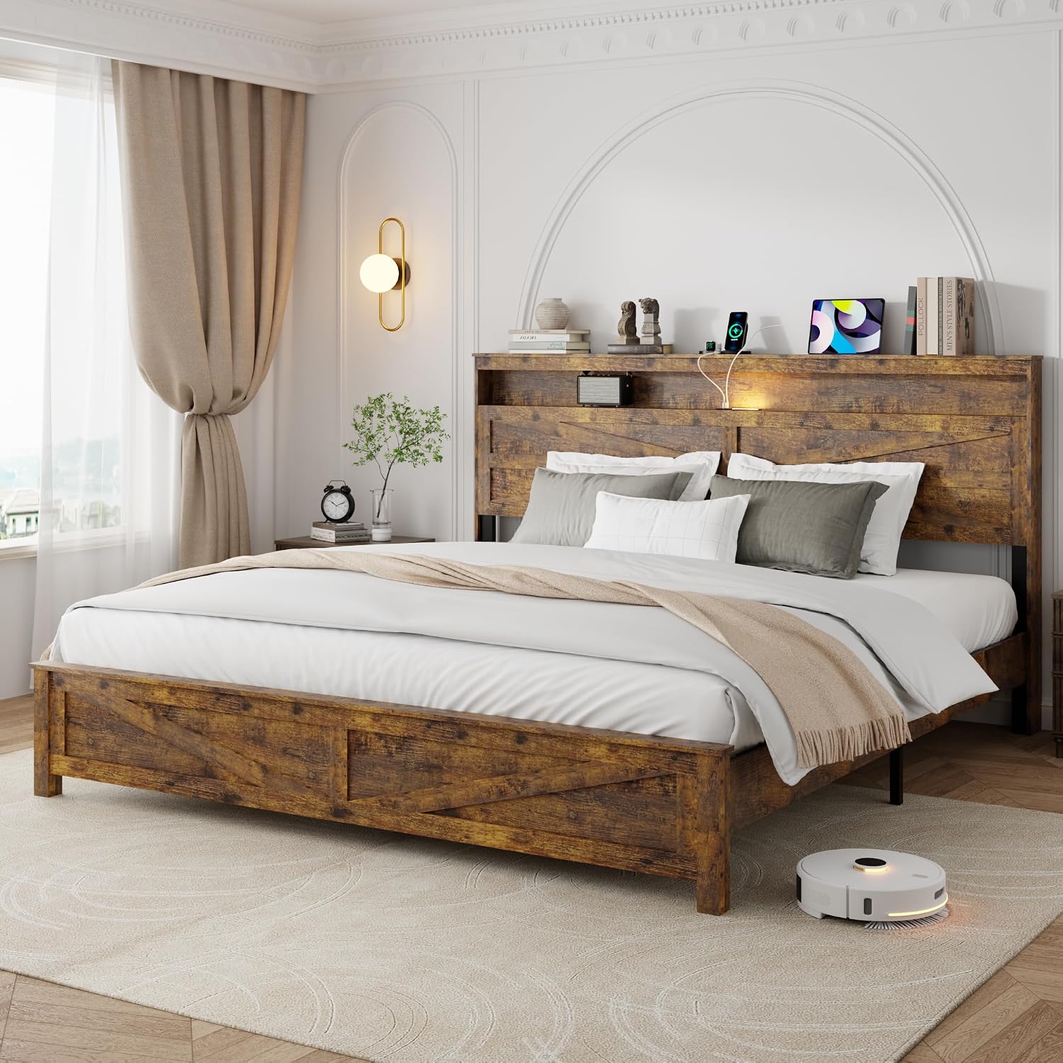 King Size Bed Frame with Headboard, Rustic Farmhouse Wood Bed Frame with LED Lights and Charging Station, Easy Assembly, No Box Spring Needed (Brown, King)