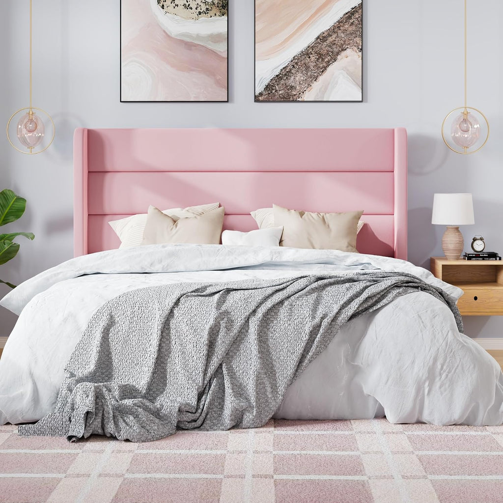 SHA CERLIN Full Size Velvet Bed Frame with Wingback Headboard/Upholstered Platform Bed with Wooden Slats/Mattress Foundation/No Box Spring Needed/Easy Assembly/Pink