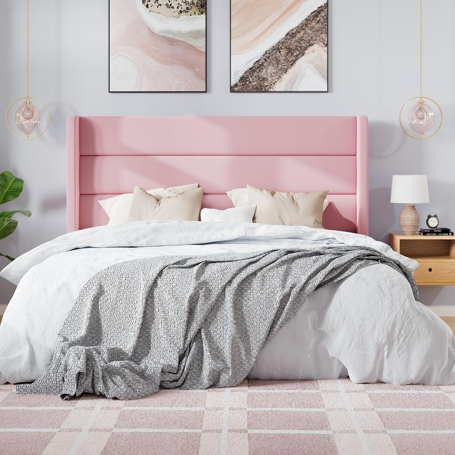 SHA CERLIN Full Size Velvet Bed Frame with Wingback Headboard/Upholstered Platform Bed with Wooden Slats/Mattress Foundation/No Box Spring Needed/Easy Assembly/Pink