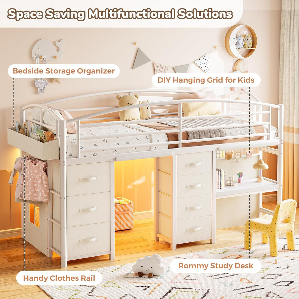 Low Loft Bed Twin Size with 7 Storage Drawers, Desk and LED Lights, Heavy Duty Metal Kids Loft Bed with 12' H Safety Guardrail, Anti-Collision Pad, Private Play Curtain, Under-Bed Play Space - White