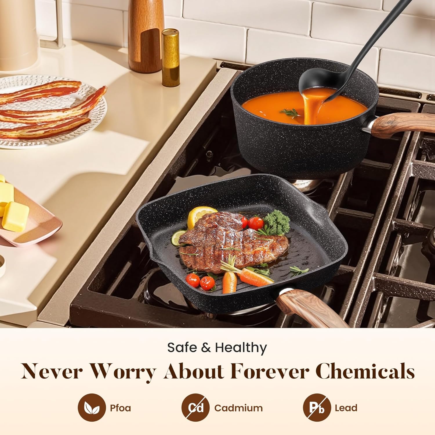 Kitchen Academy 17Pcs Induction Cookware Sets, Granite Pots and Pans Set Non Stick, Black Kitchen Cooking Pans, PFOA & PFOS Free