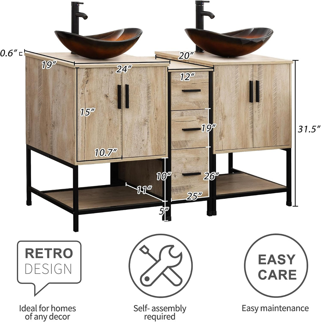 UEV Rustic Oak 60' Double Bathroom Vanity with Sink Combo,Industrial Iron Frame 2 Main Bathroom Vanity with Middle 3 Drawers Cabinet,Modern Brown Boat Tempered Glass Vessel Sink(029BR)