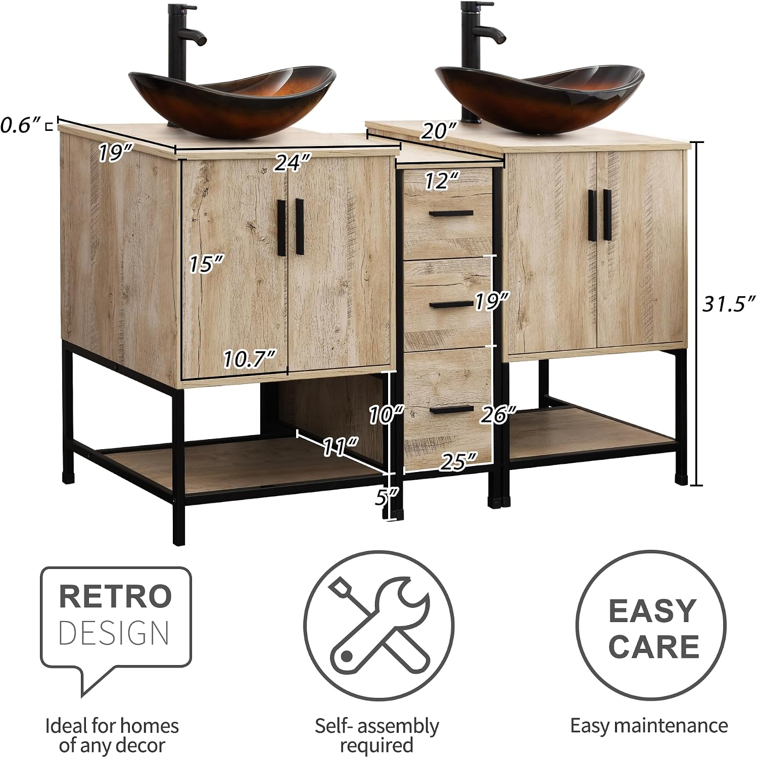UEV Rustic Oak 60' Double Bathroom Vanity with Sink Combo,Industrial Iron Frame 2 Main Bathroom Vanity with Middle 3 Drawers Cabinet,Modern Brown Boat Tempered Glass Vessel Sink(029BR)