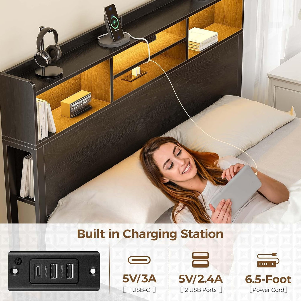 Rolanstar Queen Bed Frame with Storage,4-Drawer Platform Bed with USB Charging Station,Built in LED Lights and Bookcase Headboard,No Box Spring Needed,Easy Assembly,Noise-Free,Black
