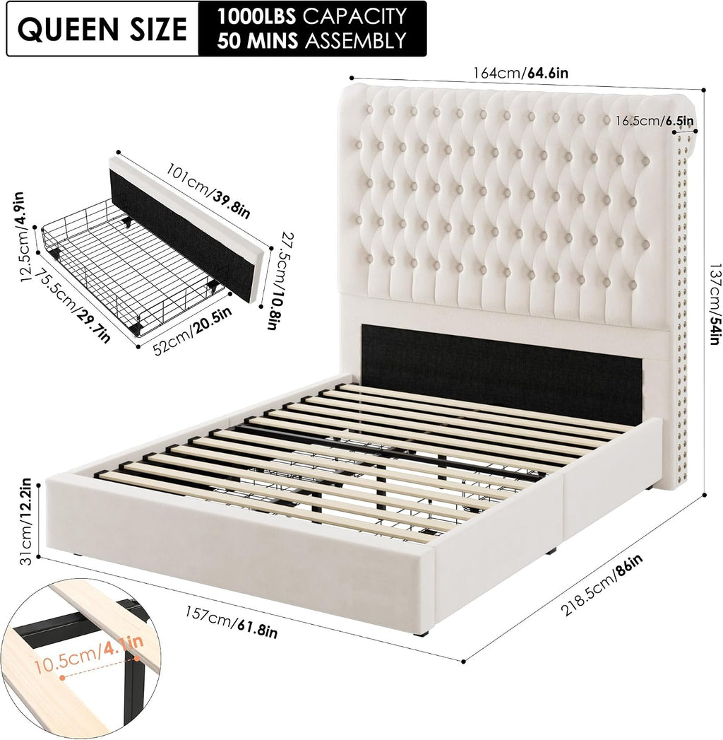 Queen Size Bed Frame 54' Tall Headboard with Gorgeous Button Tufted and Nail, Velvet Fabric Upholstered Bed Frame includes 4 Under-bed Storage Drawers, Wooden Slats, Noise-Free, Easy Assembly, Beige