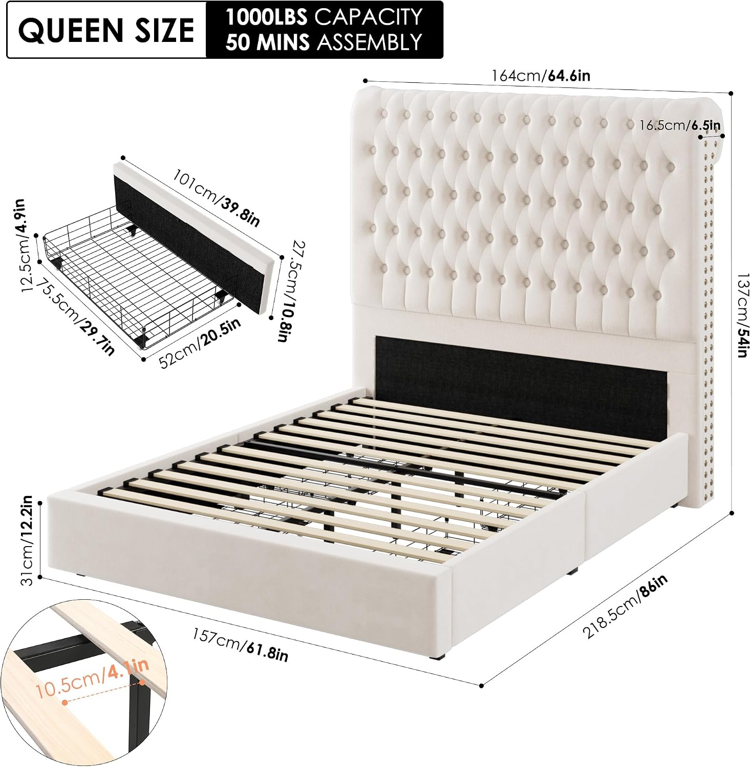 Queen Size Bed Frame 54' Tall Headboard with Gorgeous Button Tufted and Nail, Velvet Fabric Upholstered Bed Frame includes 4 Under-bed Storage Drawers, Wooden Slats, Noise-Free, Easy Assembly, Beige