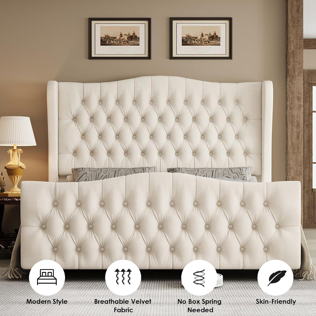 Keyluv Full Size 54.3' Tall Platform Bed Frame with Deep Button Tufted Wingback Headboard and Footboard, Velvet Upholstered Bed Frame with Handmade Pleats, No Box Spring Needed, Beige/Cream