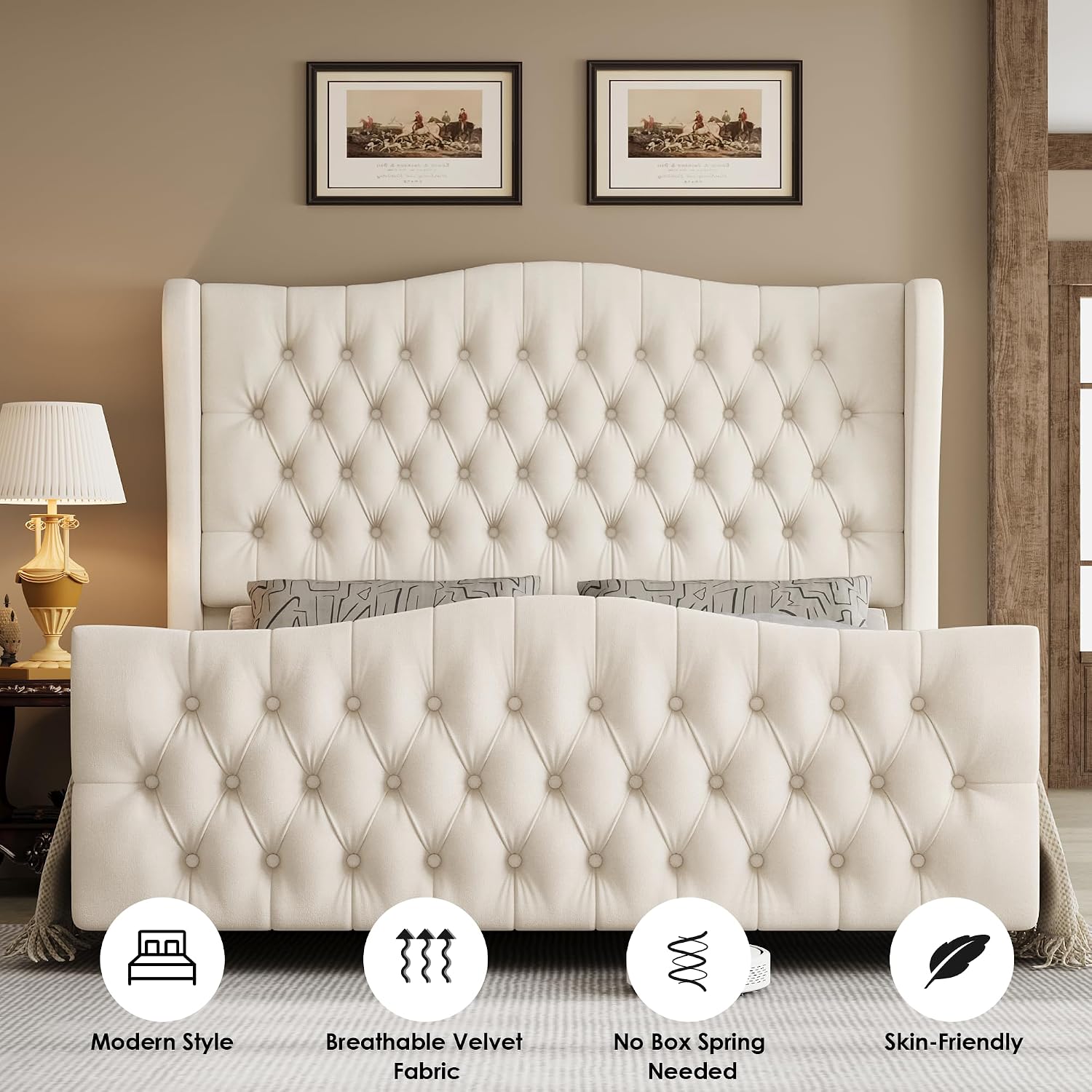 Keyluv Full Size 54.3' Tall Platform Bed Frame with Deep Button Tufted Wingback Headboard and Footboard, Velvet Upholstered Bed Frame with Handmade Pleats, No Box Spring Needed, Beige/Cream