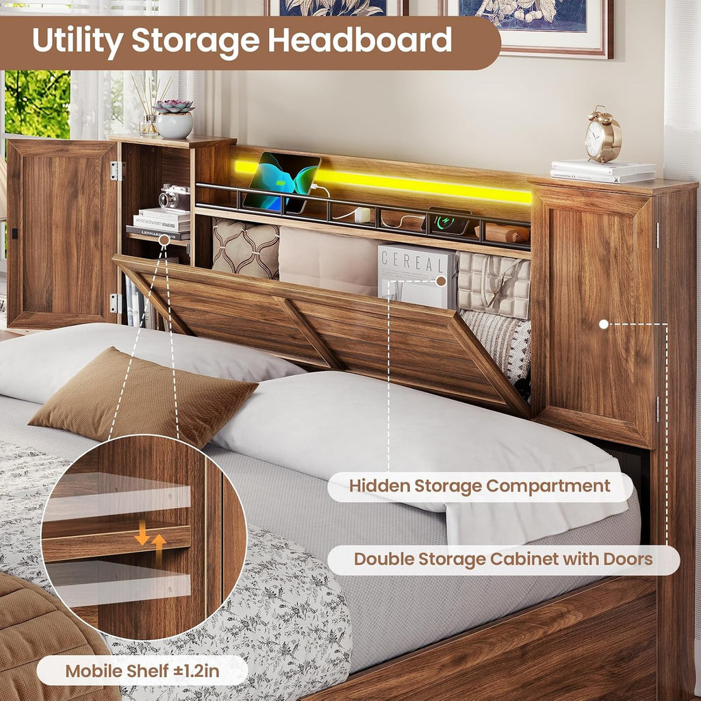 VIAGDO Farmhouse Full Size Bed Frame with Headboard and Double Barn Door Storage Cabinets, Rustic Wooden Bed Frame Full with Charging Station, 4 Drawers and LED Lights, No Box Spring Needed, Brown