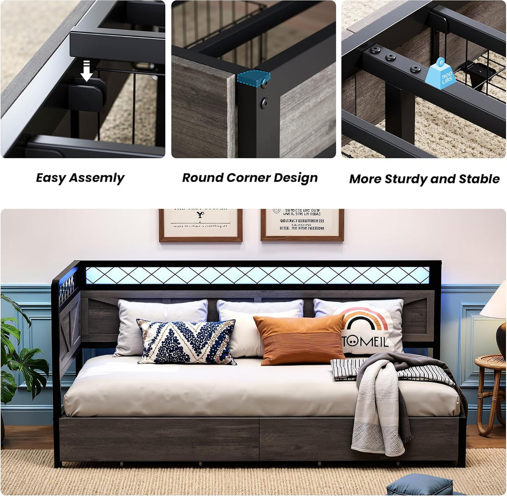ANCTOR Twin Corner Bed Frame with Storage Drawers, Daybed with LED Lights and Charging Station, No Box Spring Needed, Heavy Duty, Easy Assembly for Living Room, Bedroom and Guest Room, Grey