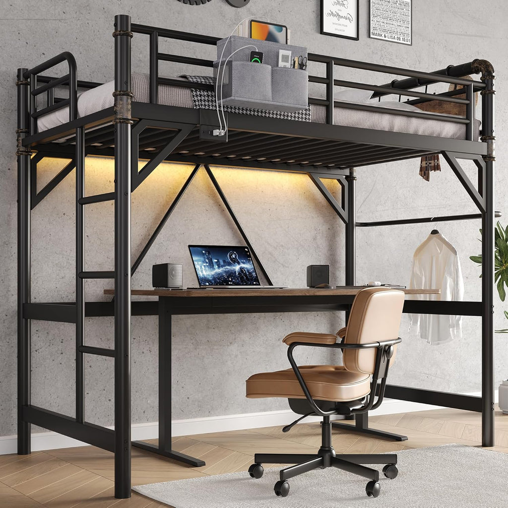 Twin Size Loft Bed with LED Lights and Charging Station, Industrial Heavy Duty Metal Loft Bed Frame with Ladder and Guardrail for Kids Adults, Small Space Saving Design for Bedroom Dorm, Vintage Brown
