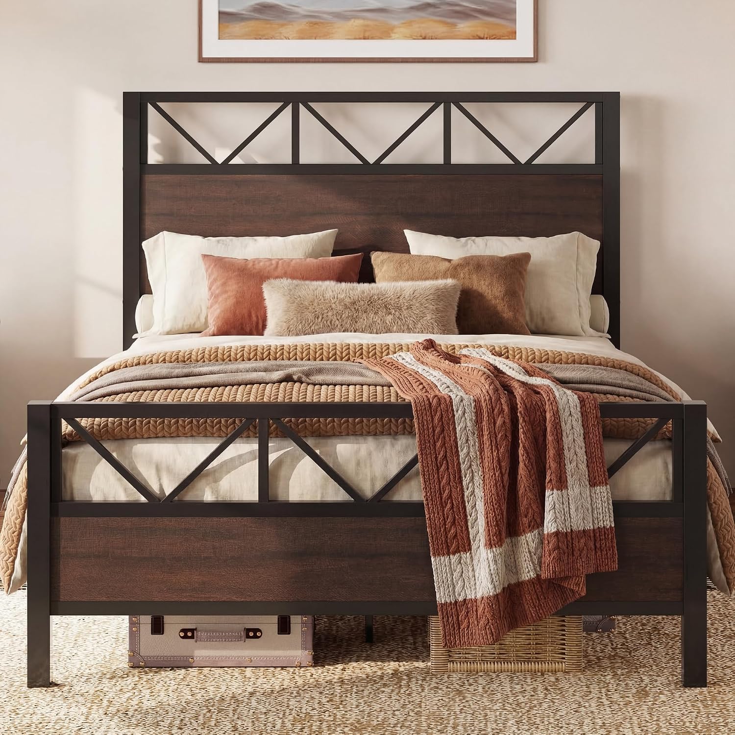LIKIMIO Queen Bed Frame, Tall Industrial Headboard 51.2 ', Platform Bed Frame with Strong Metal Support, Solid and Stable, Noise Free, No Box Spring Needed, Easy Assembly, Dark Brown