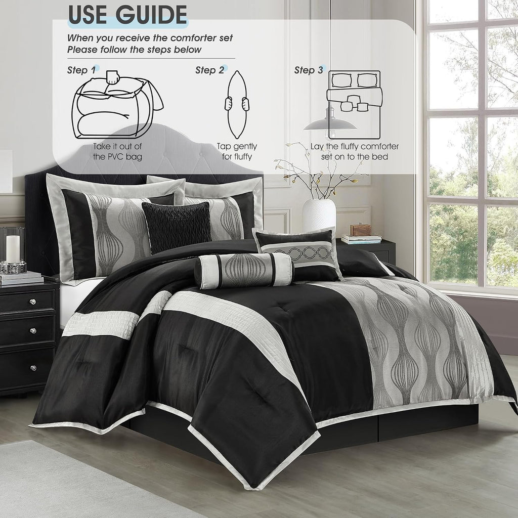 LANCO MODERN LIFESTYLE King Comforter Set, Black Silver, 7 Pieces Bed in a Bag, Ultra Soft Jacquard with Solid Piecework, Luxury Bed Set with Comforters, Bed Skirt, Pillow Shams and Decorative Pillows