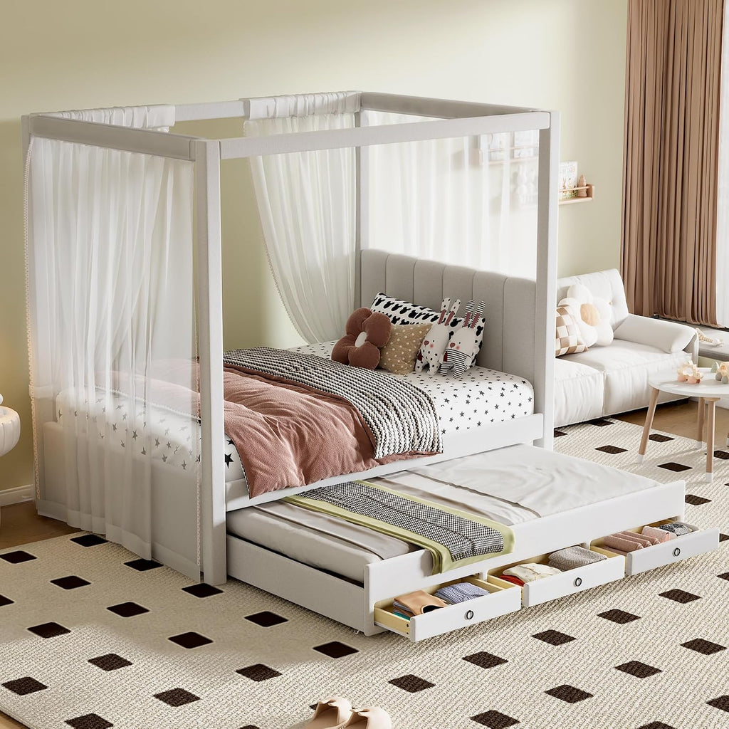 Twin Size Linen Upholstered Canopy Bed with Trundle and 3 Storage Drawers for Bedroom, Guest Room (Twin)