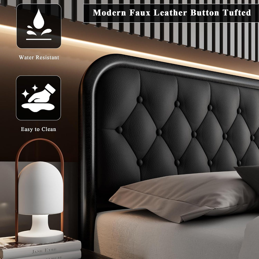 Feonase Queen Size Bed Frame, Heavy Duty Bed Frame with Faux Leather Headboard, Upholstered Platform Bed with Strong Metal Slats, 12' Under-Bed Storage, Noise-Free, Easy Assembly, Black