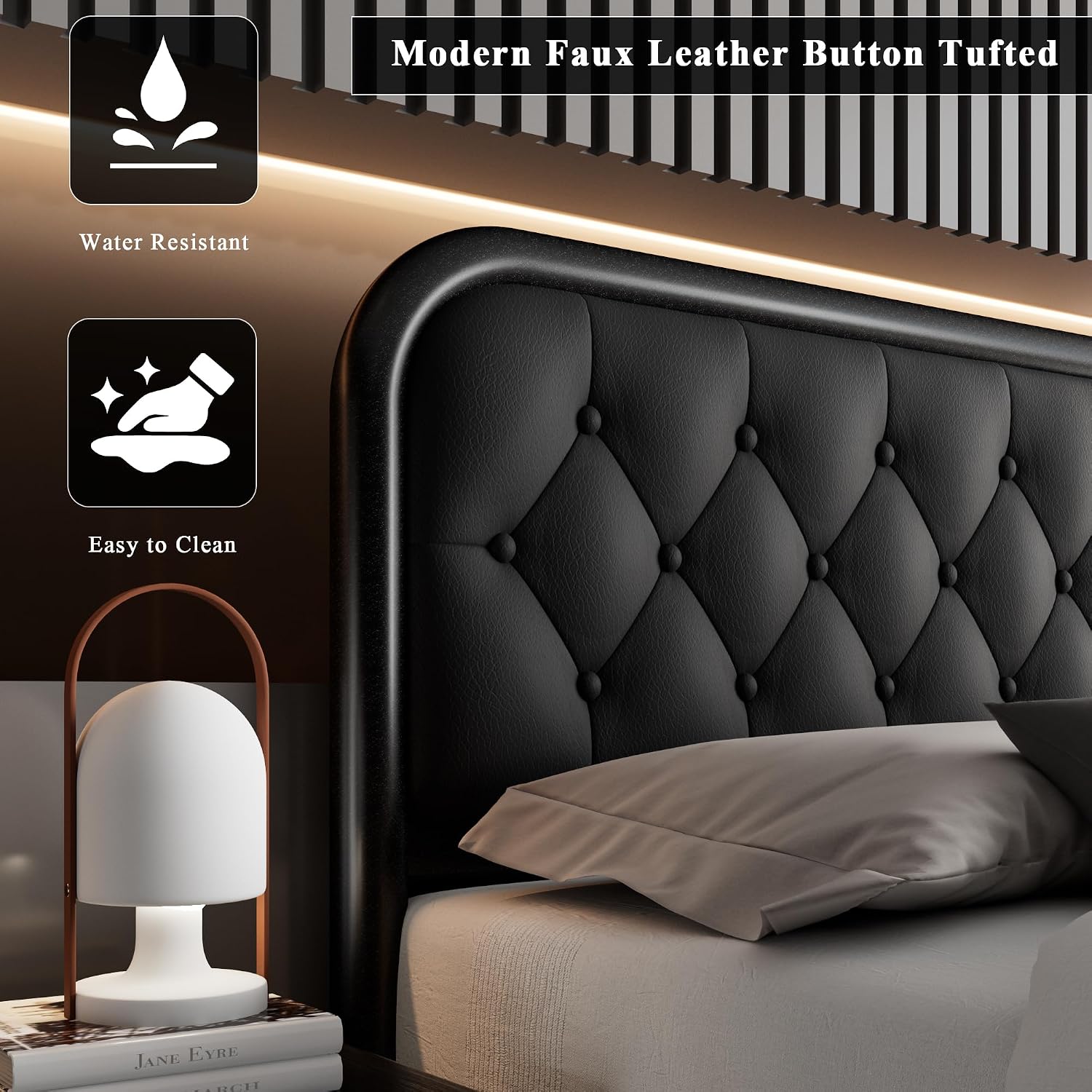Feonase Queen Size Bed Frame, Heavy Duty Bed Frame with Faux Leather Headboard, Upholstered Platform Bed with Strong Metal Slats, 12' Under-Bed Storage, Noise-Free, Easy Assembly, Black