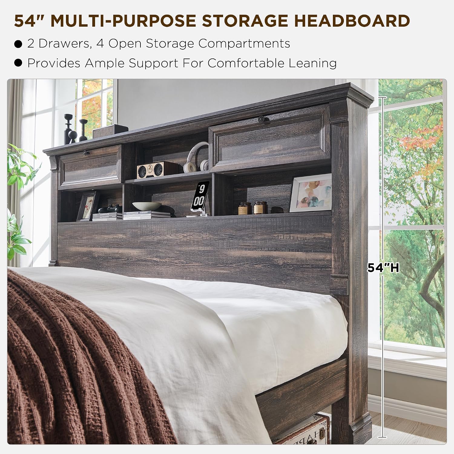 Farmhouse King Size Bed Frame with 54' Tall Storage Bookcase Headboard, Wood Platform Bed Frame with 18' Tall Roman Column Decoration Footboard & 2 Drawers, No Box Spring Needed(Dark Rustic Oak)