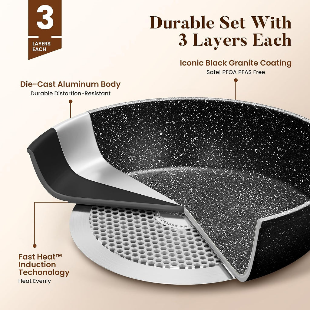 Kitchen Academy 17Pcs Induction Cookware Sets, Granite Pots and Pans Set Non Stick, Black Kitchen Cooking Pans, PFOA & PFOS Free