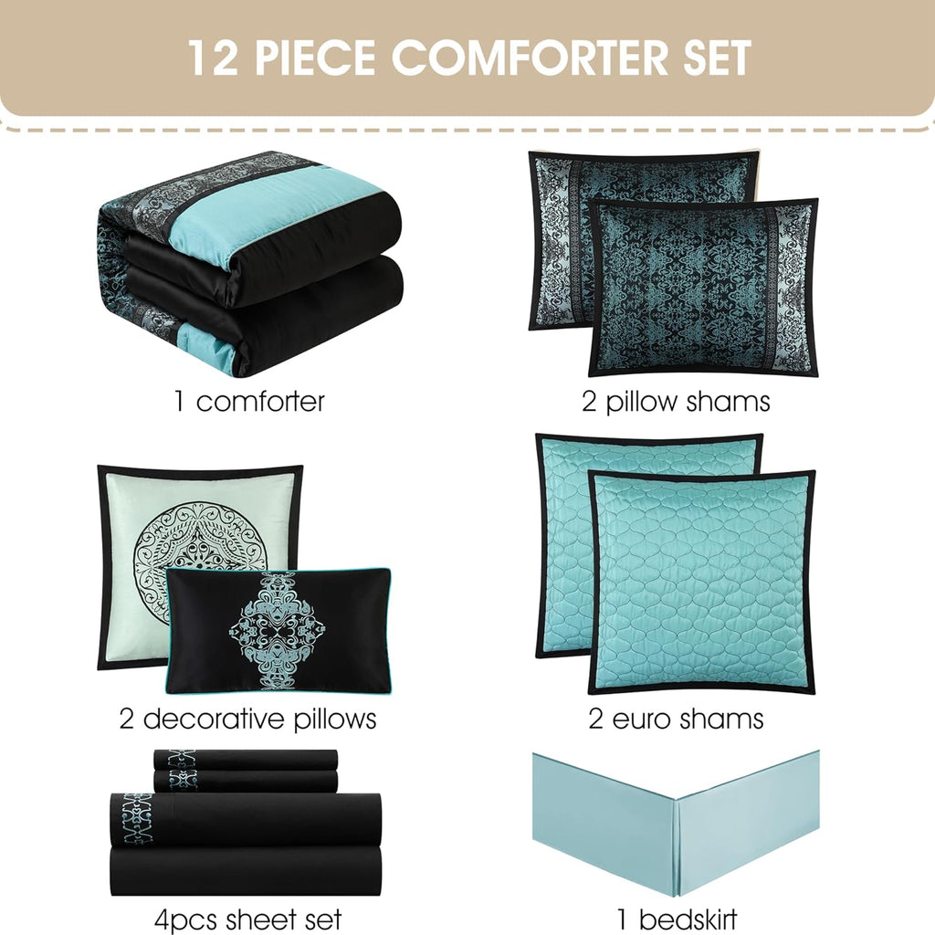 Grand Avenue Black & Teal Comforter Set California King Size, Classic Jacquard Bedding Sets, Faux Silk, Premium Microfiber, 12 Pieces Bed in a Bag, Matching Fitted Sheet, Flat Sheet