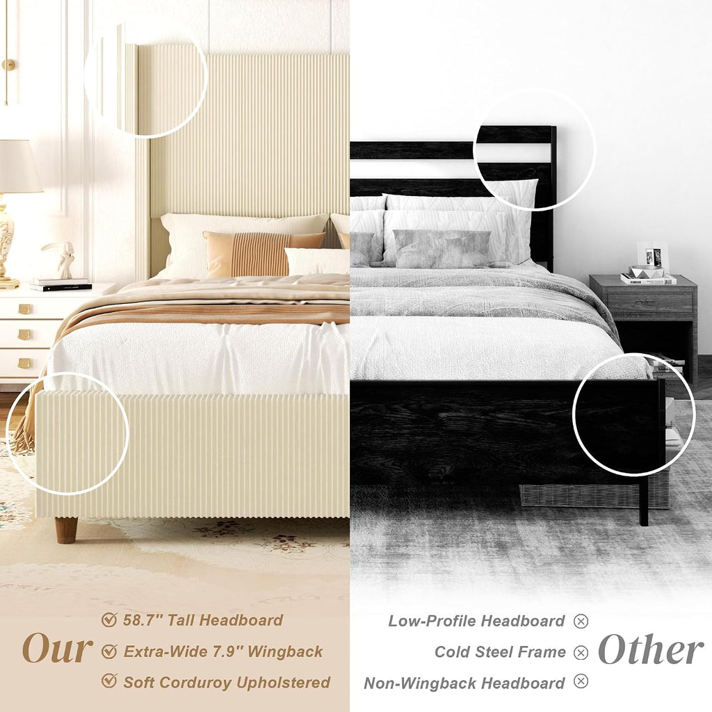 Sismplly 58'' Tall Queen Size Bed Frame with Corduroy Upholstered Platform Bed, Extra Wingback Headboard and Vertical Stripe, Box Spring Option, Solid Wood Slats, Noise Free, Beige