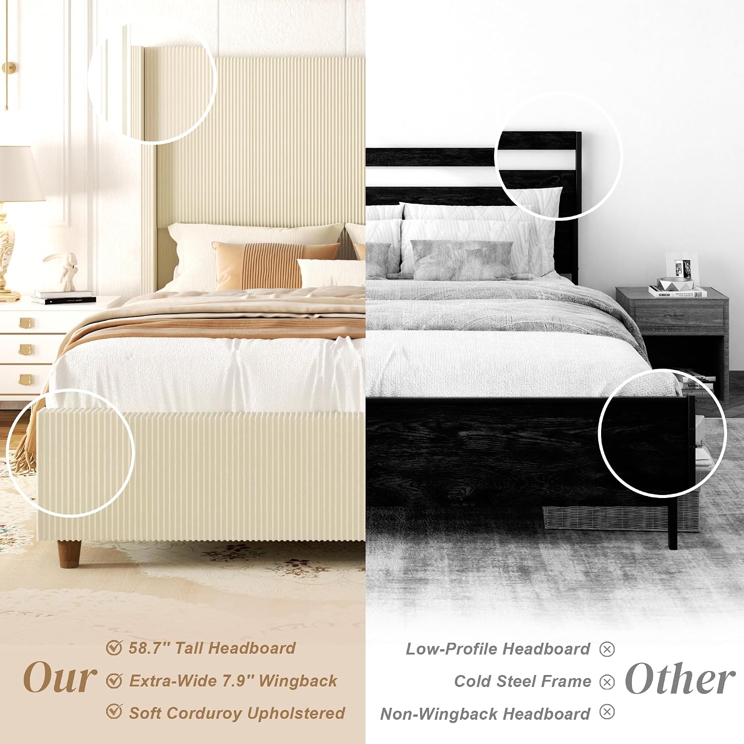 Sismplly 58'' Tall Queen Size Bed Frame with Corduroy Upholstered Platform Bed, Extra Wingback Headboard and Vertical Stripe, Box Spring Option, Solid Wood Slats, Noise Free, Beige