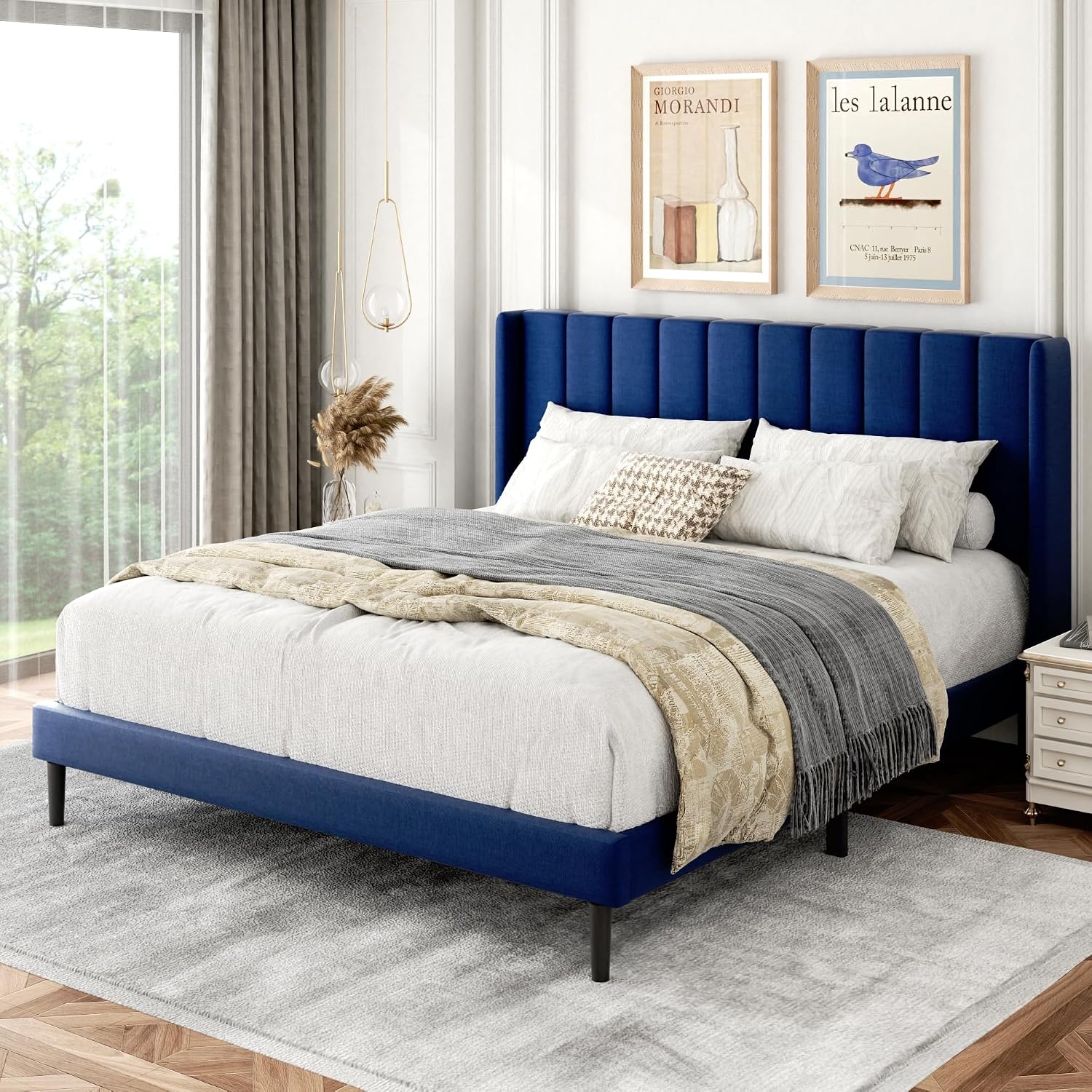 Gruwans Queen Size Bed Frame with Upholstered Wingback Headboard, Easy Assemnly Platform Bed, Wooden Slat Support No Box Spring Needed, Navy Blue