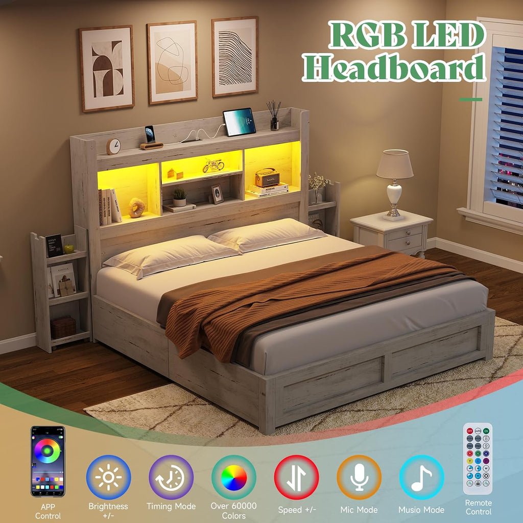 AMERLIFE Queen Bed Frame with 4 Storage Drawer, LED Bed Frame with 49.6' Tall Bookcase Headboard, Wood Platform Bed with Charging Station & 2 Slide Bedside Shelf, No Box Spring Needed/Distressed White