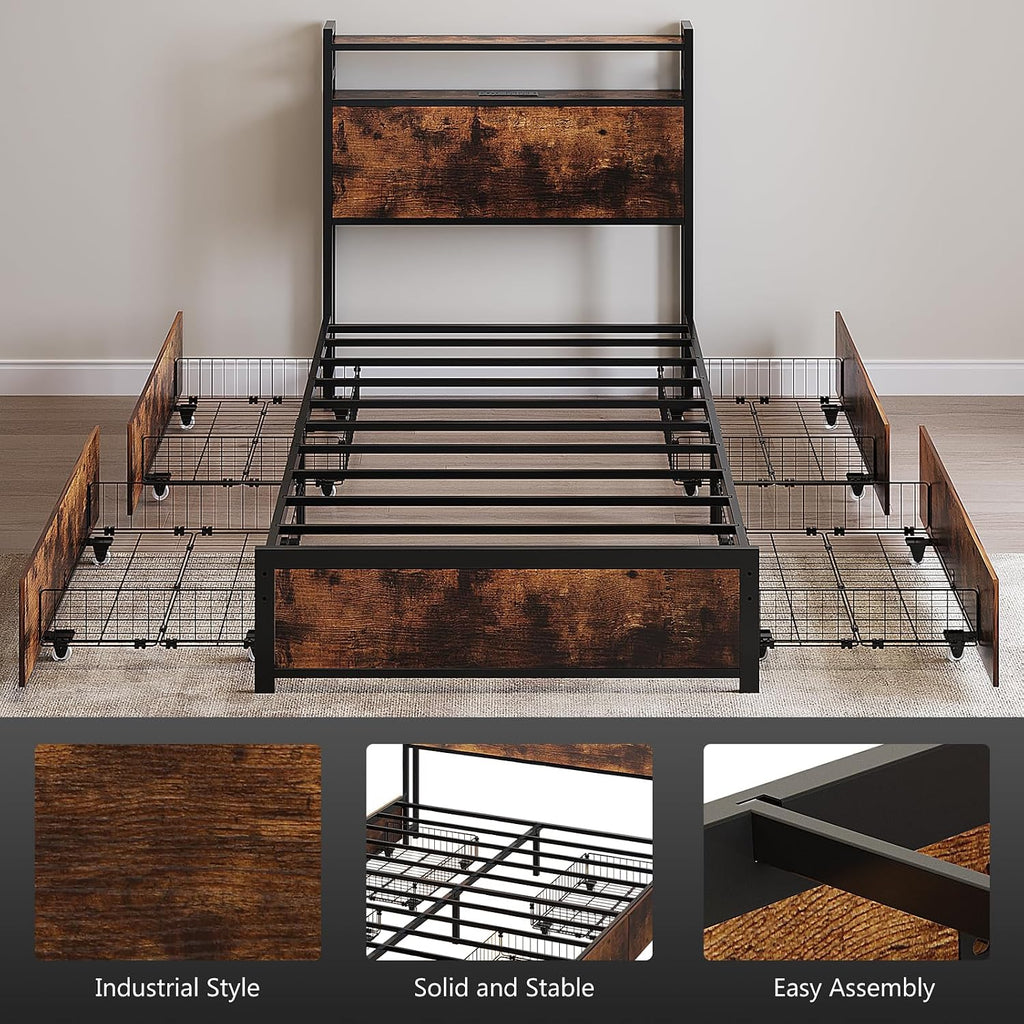 VINGLI Bed Frame Twin Size Set of 2with 4 Storage Drawers and Storage Headboard, Metal Platform with Charging Station and LED Lights, No Box Spring Needed, Easy Assembly, Vintage Brown