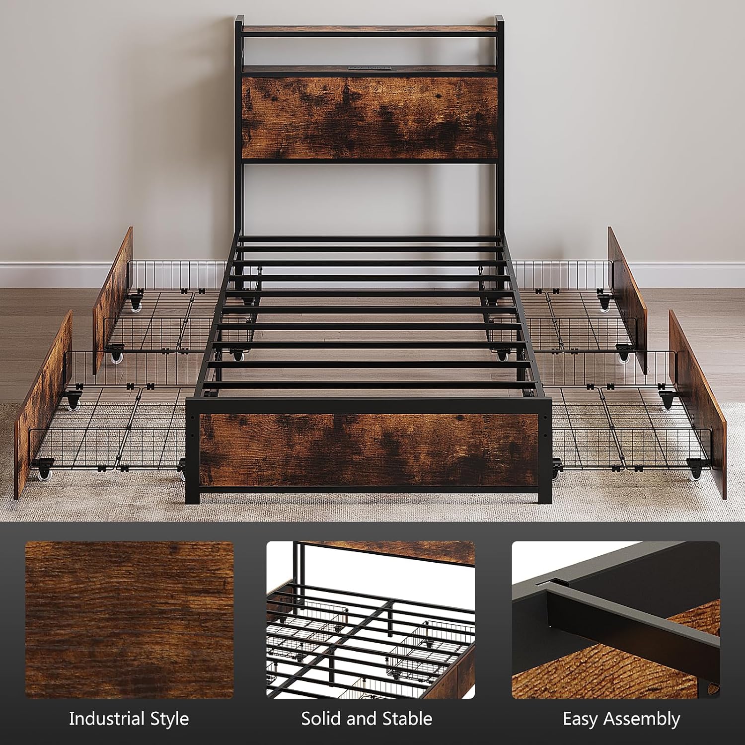 VINGLI Bed Frame Twin Size Set of 2with 4 Storage Drawers and Storage Headboard, Metal Platform with Charging Station and LED Lights, No Box Spring Needed, Easy Assembly, Vintage Brown