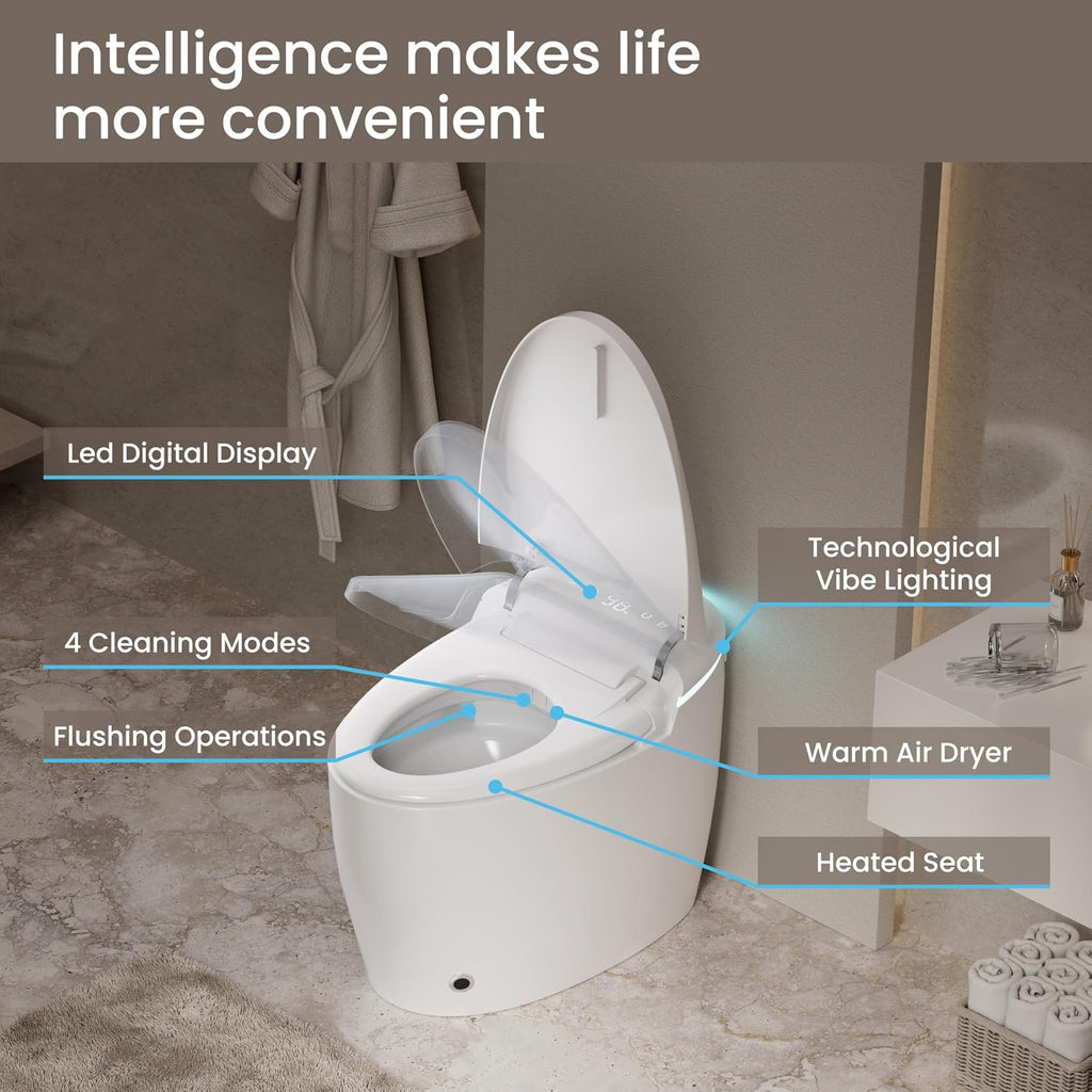 Smart Toilet, Auto Open/Close, Auto Flushing Bidet Toilet, Warm Water Sprayer and Dryer, Heated Seat, Elongated Egg Shape Tankless Toilet, 12'' Rough-in