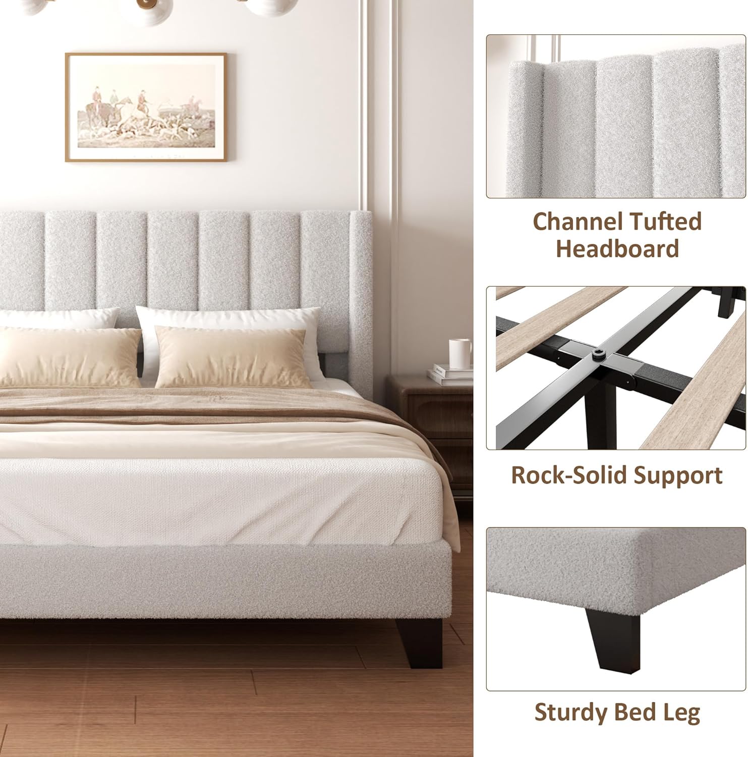Full Bed Frame with Headboard Upholstered Platform Bed Frame with Teddy Velvet Headboard, Wooden Slats Support/Wing Edge Design/No Box Spring Needed/Easy Assembly, Grey Full