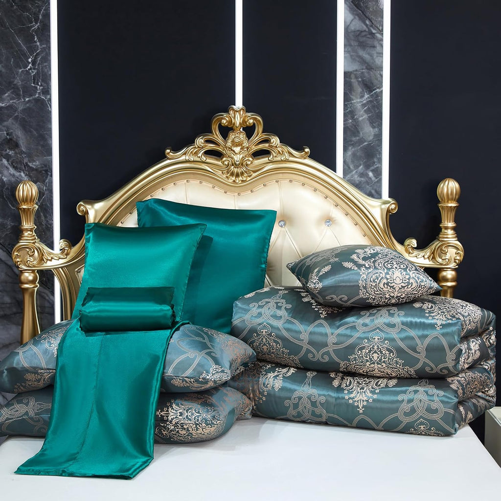Green Jacquard King Comforter Set Sheet Set Elegant Bedding Set 8 Pcs Embroidery Neoclassical Floral Pattern Bed Home Decor Soft Down Comforter Luxury Hotel Silky Bed in a Bag with 1 Cushion Cover