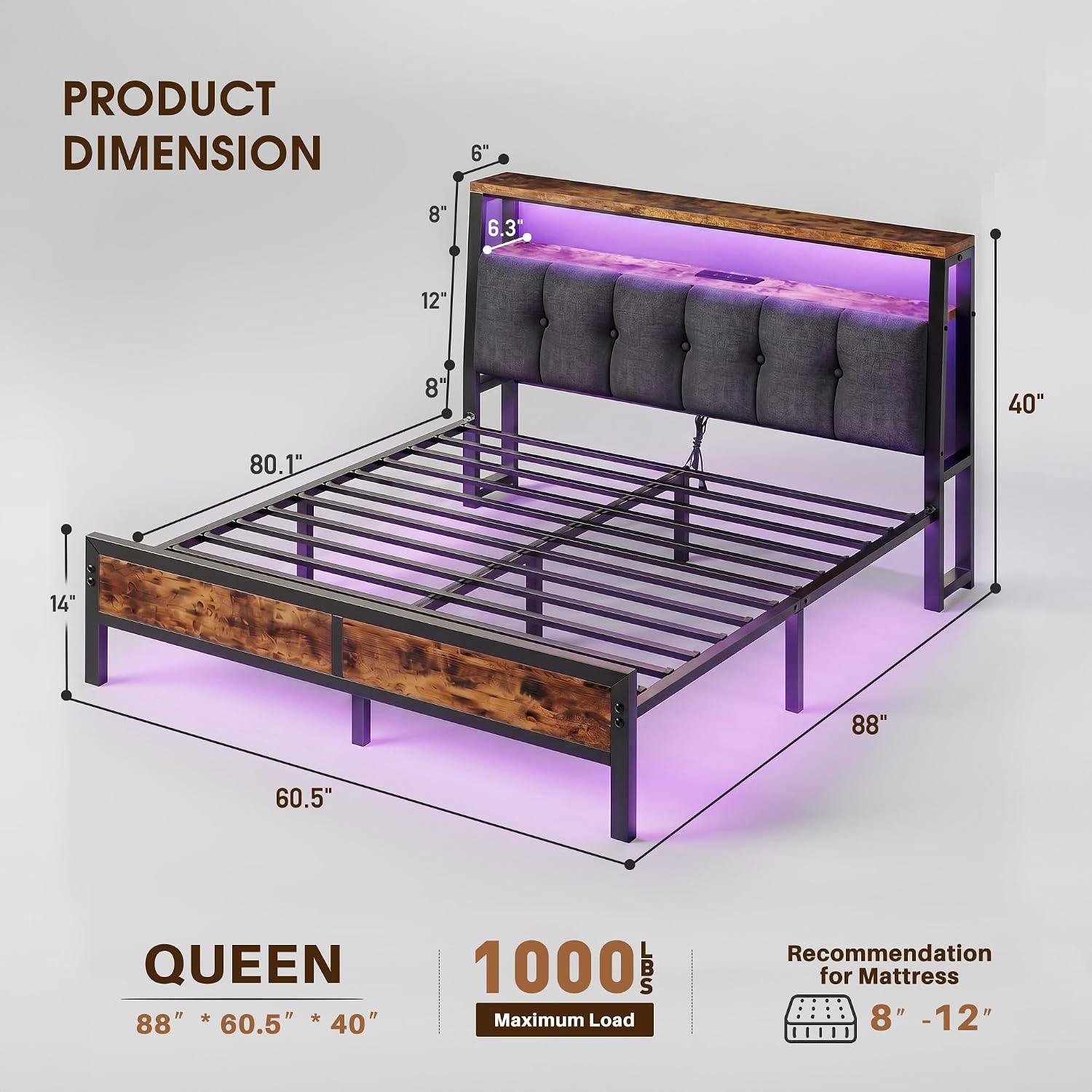 Queen Bed Frame with Charging Station,Bed Frame Queen Size with LED Linghts Have Upholstered Storage Headboard and 12' Under-Bed Storage, Providing Noise-Free and No-Sliding Support,Vintage Brown