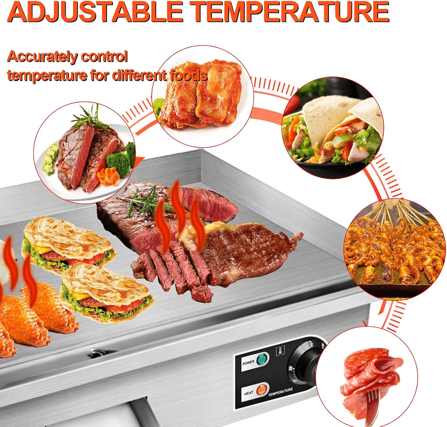 Shikha 22'' Electric Countertop Griddle,110V 3000W Non-Stick Commercial Restaurant Teppanyaki Grill Stainless Steel Adjustable Temperature Control 122°F-572°F