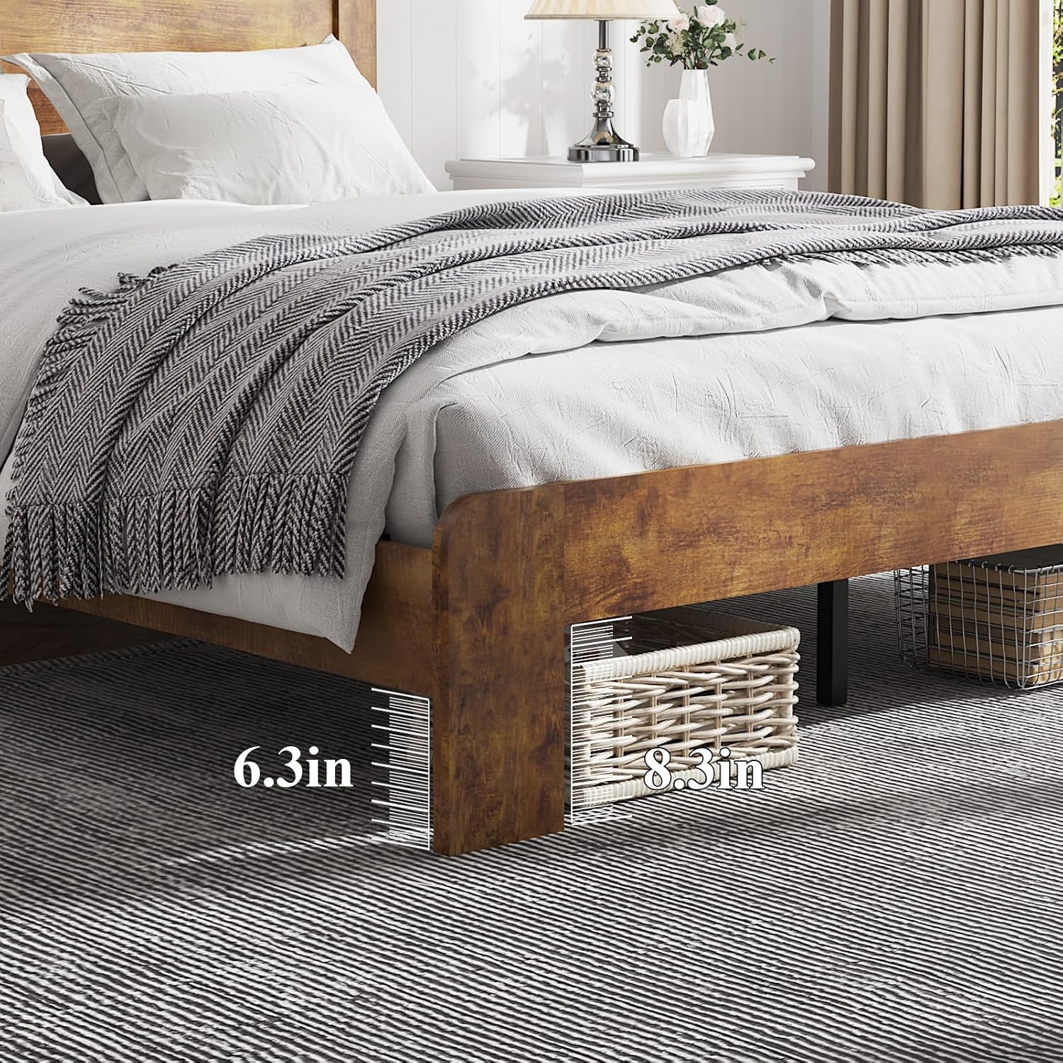 Wooden Bed Frame Queen Size with Headboard, Farmhouse Platform Bedframe with Metal Slat Support, Sturdy Framework Bed Frame, Easy Assembly (Rustic Brown)