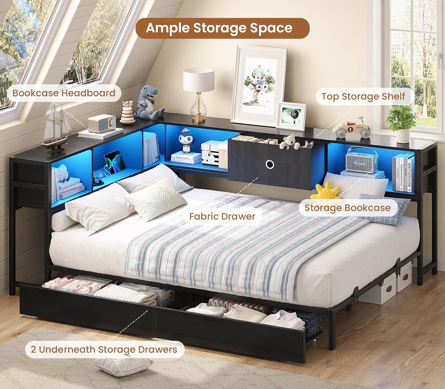 Hasuit Full Corner Bed Frame with Storage Drawers and Bookcase Headboard, Full Size Metal Platform Corner Bed Frame with Charging Station and LED Lights, Full Daybed for Kids Teens Guests, Black