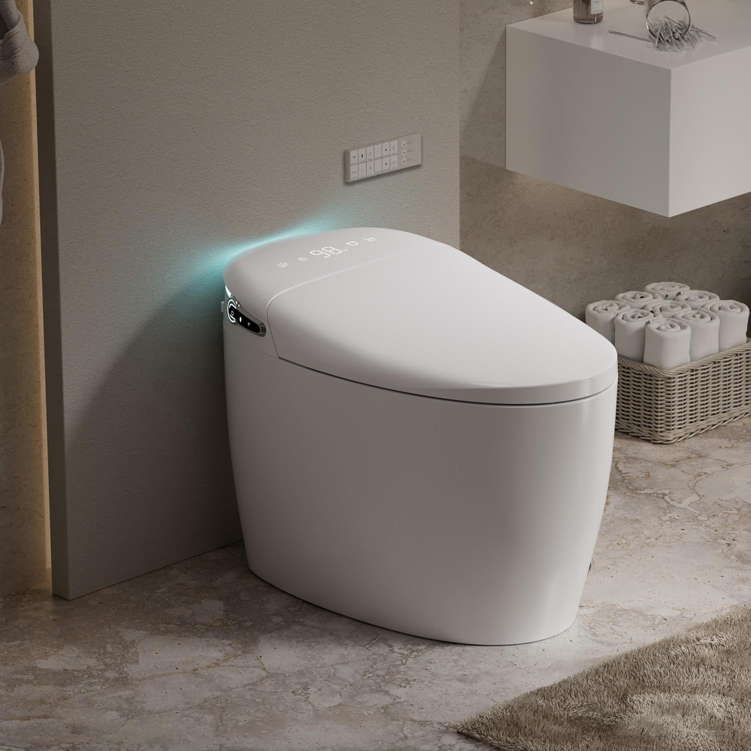 Smart Toilet with Bidet Built in, Tankless Elongated Smart Toilet, Auto Flush, Warm Water and Dryer, Soft Close Heated Seat, Digital Display, 12'' Rough-in